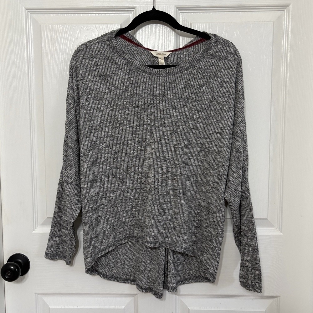 Matilda Jane Top Large Gray Split Back Ribbed Knit Long Sleeve Casual Comfort